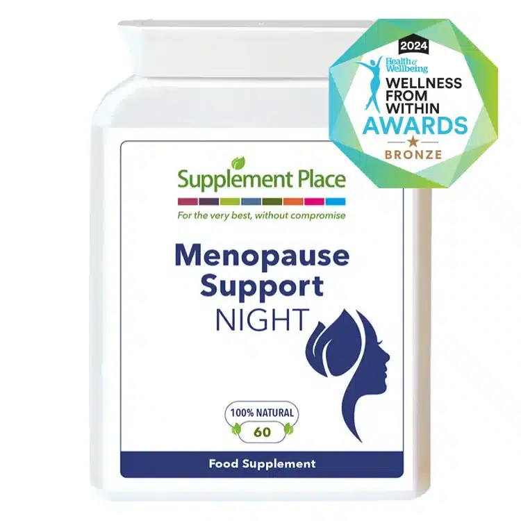 Menopause support night capsules containing 8 natural ingredients in a letterbox-friendly pot. Front label.