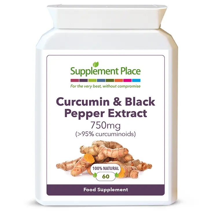 Curcumin supplement, 750mg capsules providing 95% curcuminoids with black pepper extract for bioavailability. Front label