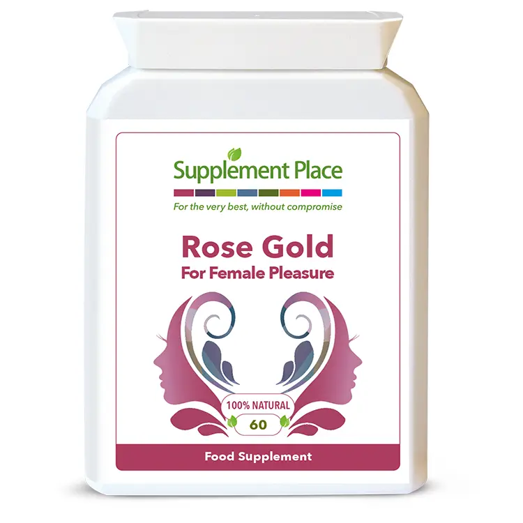 Rose Gold natural female libido supplement capsules containing 8 natural compounds in a letterbox-friendly pot. Front label.