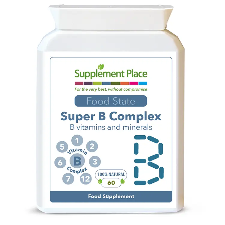 Super B Complex tablets providing B1, B2, B3, B5, B6, B7, B12 and 12 othe minerals supplied in a letterbox-friendly pot. Food-state. Front label.