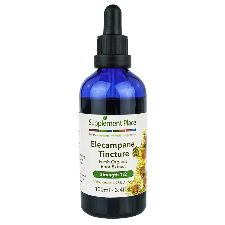 Elecampane Tincture. Fresh, organic root extract, high 1:2 strength, 25% alcohol. 100ml bottle.