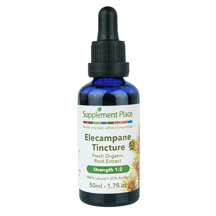 Elecampane Tincture. Fresh, organic root extract, high 1:2 strength, 25% alcohol. 50ml bottle.