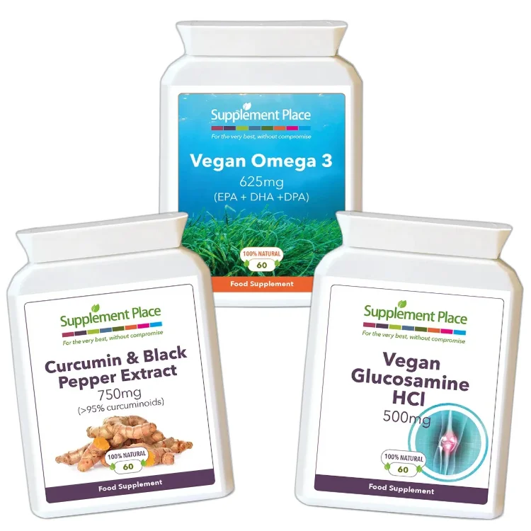 Joints Supplements Bundle | Curcumin & black pepper, vegan omega 3 and vegan glucosamine capsules.