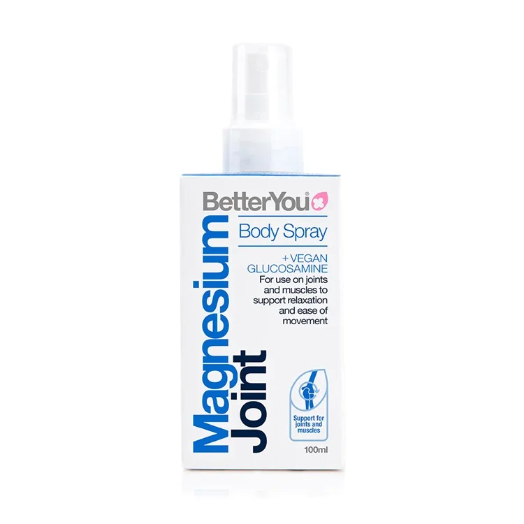 Magnesium Joint Spray from Better You. 100mg of magnesium and 50mg of glucosamine to support joint health. 100ml bottle containing 600 sprays.