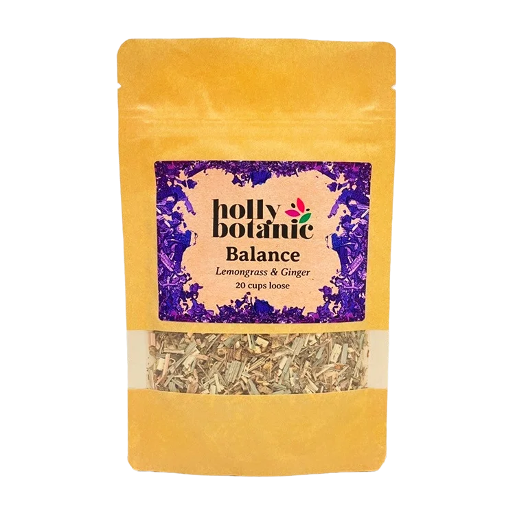 Balance tisane for stress and fatigue by Holly Botanic, lemongrass and ginger, 20 cups loose. Recyclable packaging.