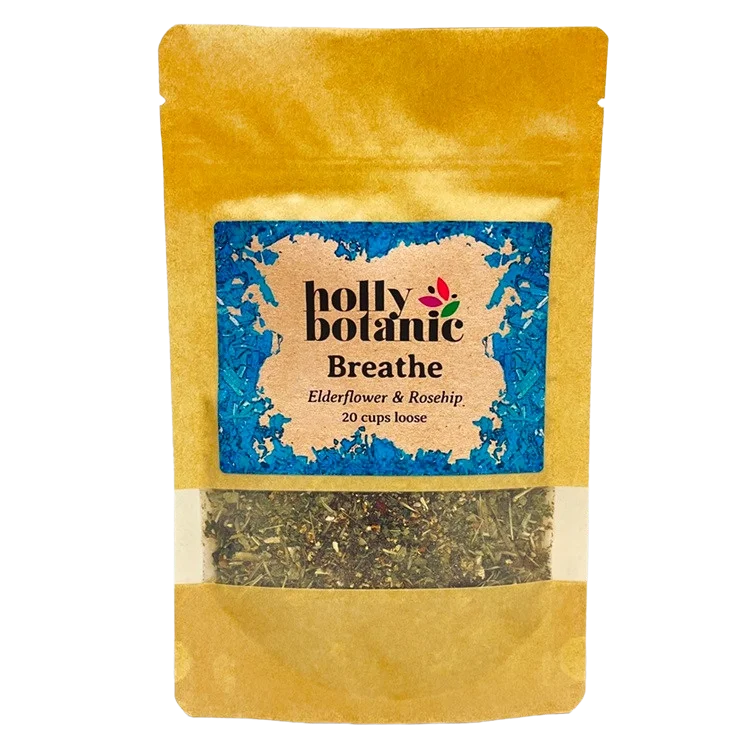 Breathe tisane by Holly Botanic, elderflower and rosehip for natural sinus relief, 20 cup loose. Recyclable packaging.