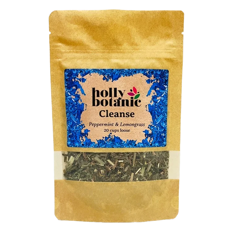 Cleanse herbal tisane to detox, peppermint and lemongrass. 20 cups loose. Recyclable packaging.