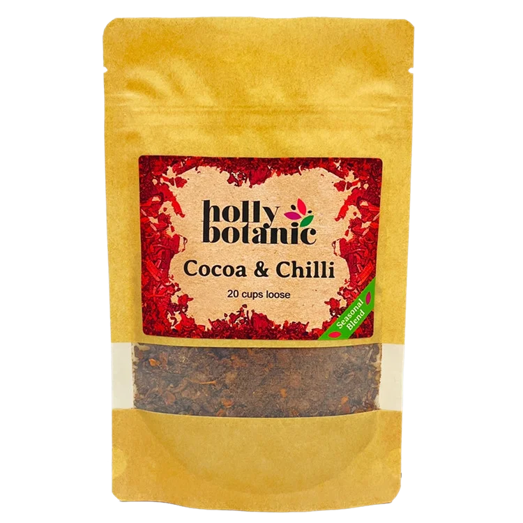 Cocoa and Chilli tisane by Holly Botanic. 20 cup loose, seasonal blend tisane. Recyclable packaging.