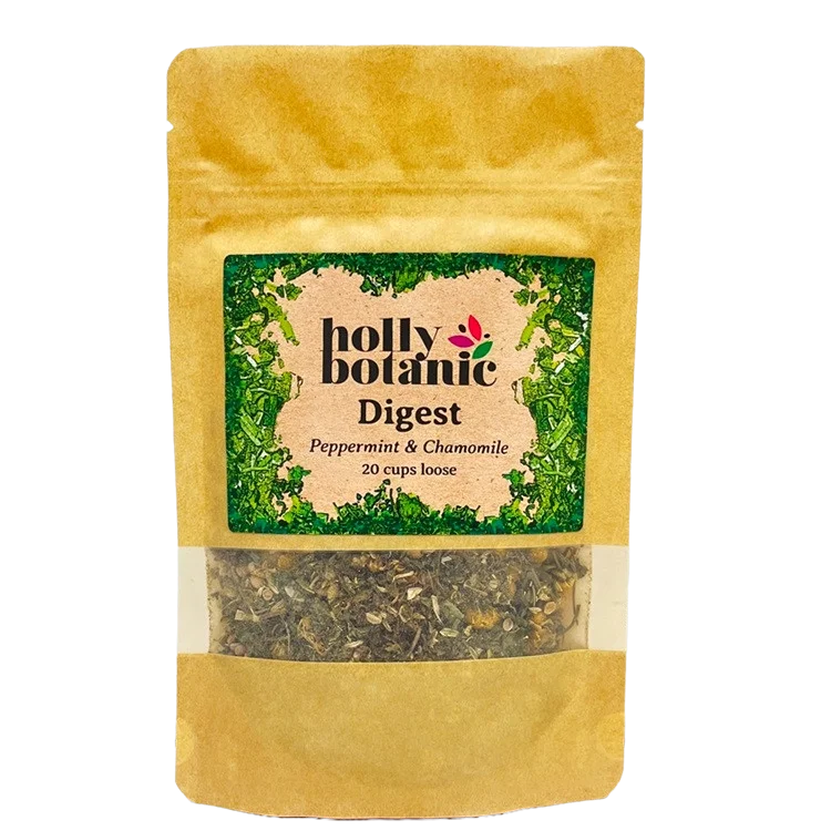 Digest herbal tea for digestion by Holly Botanic, peppermint and chamomile, 20 cup loose. Recyclable packaging.