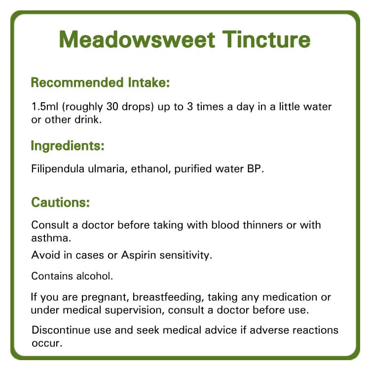 Meadowsweet tincture detailed information. Recommended intake, ingredients and cautions.