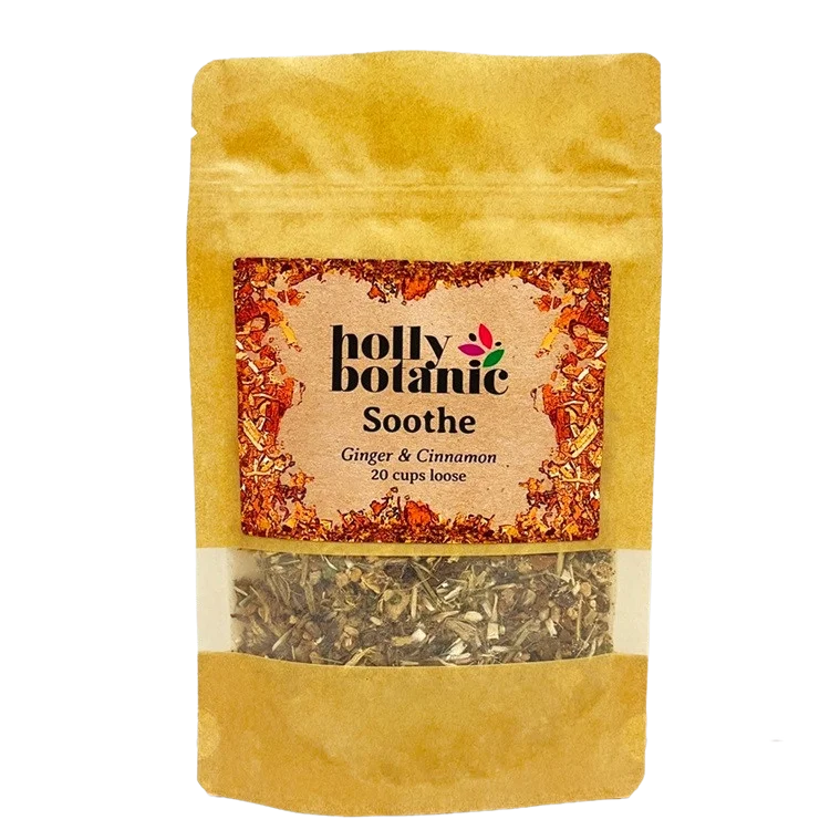 Soothe tisane for sore throats by Holly Botanic, ginger and cinnamon, 20 cups loose. Recyclable packaging.