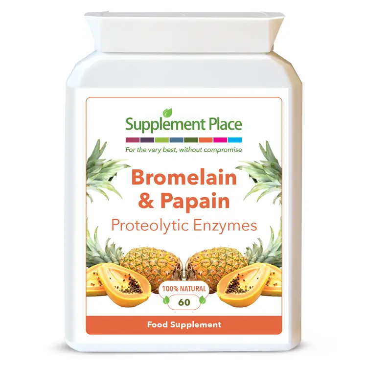 Bromelain and Papain Enzymes capsules, proteolytic and digestive enzymes pot front